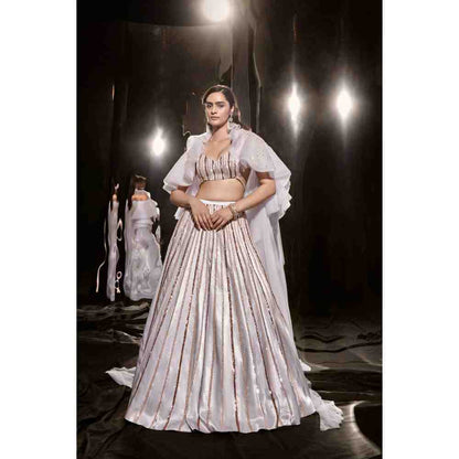 Masumi Mewawalla Ice Blue Embroidered Lehenga Blouse with Ruffle Cape (Set of 3)