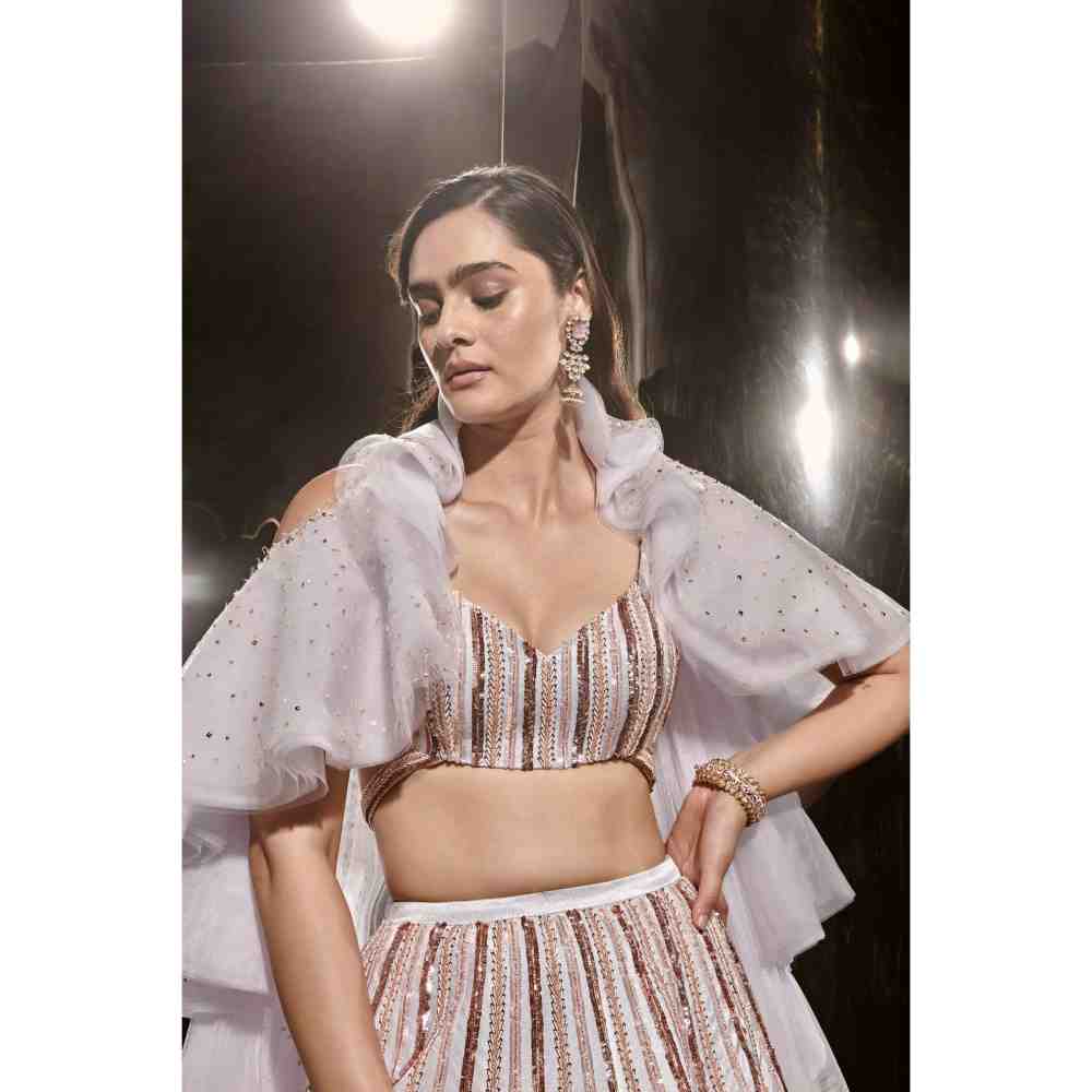 Masumi Mewawalla Ice Blue Embroidered Lehenga Blouse with Ruffle Cape (Set of 3)