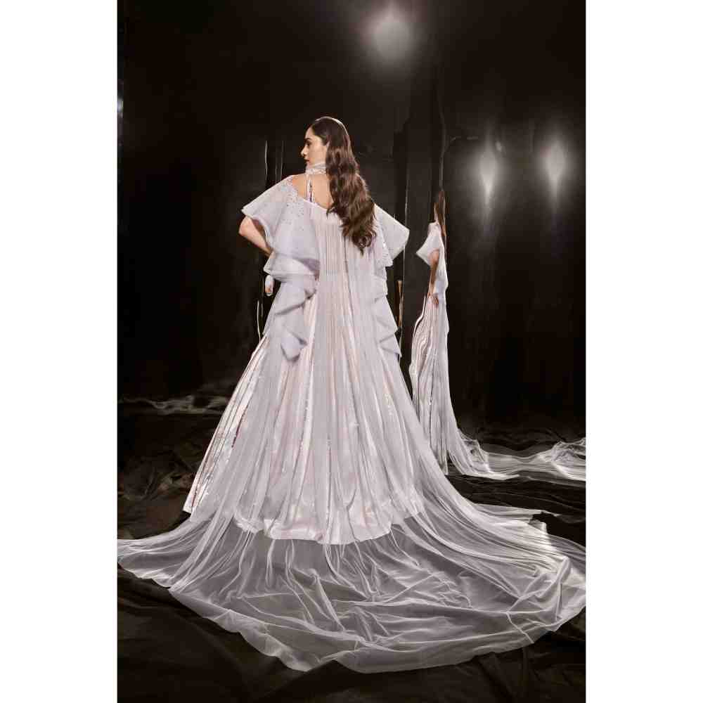 Masumi Mewawalla Ice Blue Embroidered Lehenga Blouse with Ruffle Cape (Set of 3)