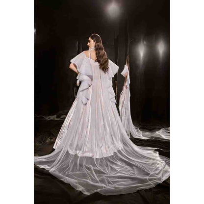 Masumi Mewawalla Ice Blue Embroidered Lehenga Blouse with Ruffle Cape (Set of 3)