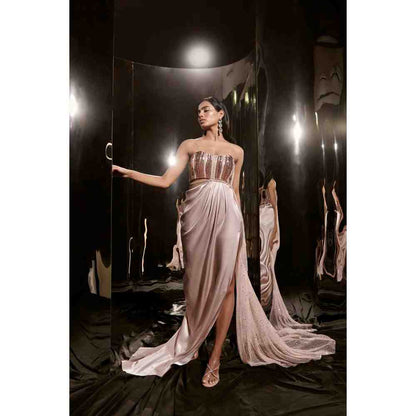 Masumi Mewawalla Pinkish Nude Embroidered Dress with Drape
