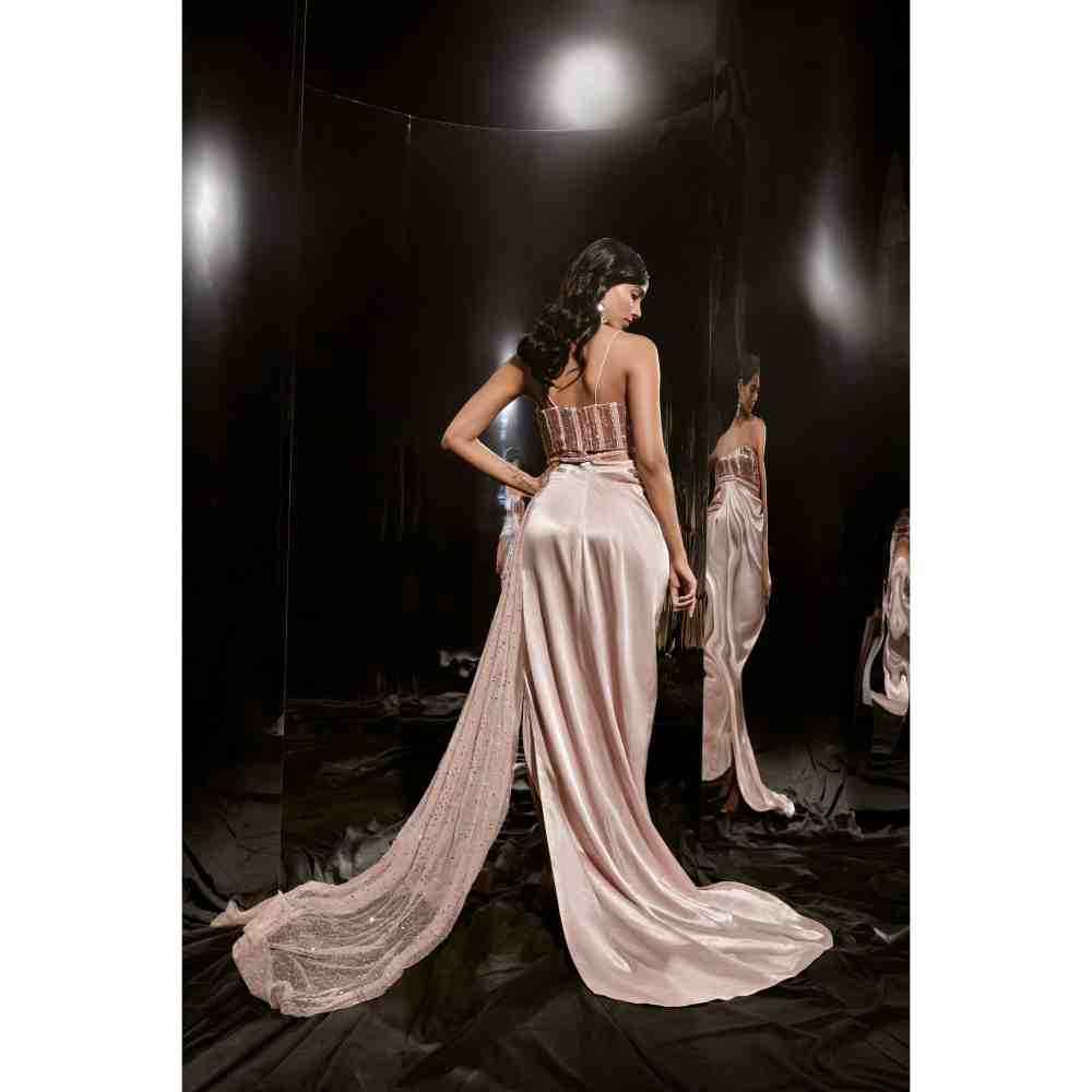 Masumi Mewawalla Pinkish Nude Embroidered Dress with Drape