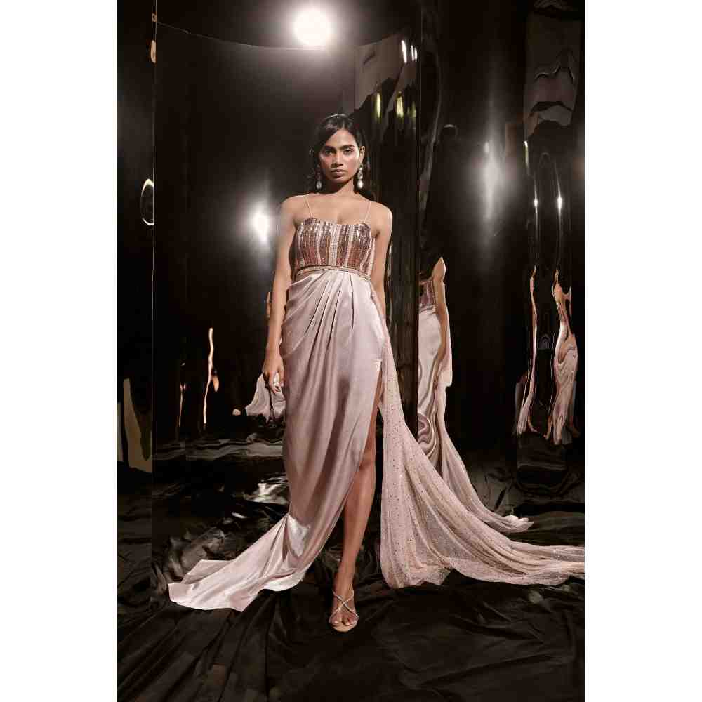 Masumi Mewawalla Pinkish Nude Embroidered Dress with Drape