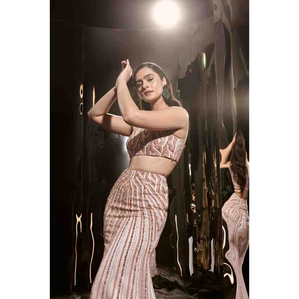 Masumi Mewawalla Pink Embroidered Skirt Blouse with Veil Dupatta (Set of 3)