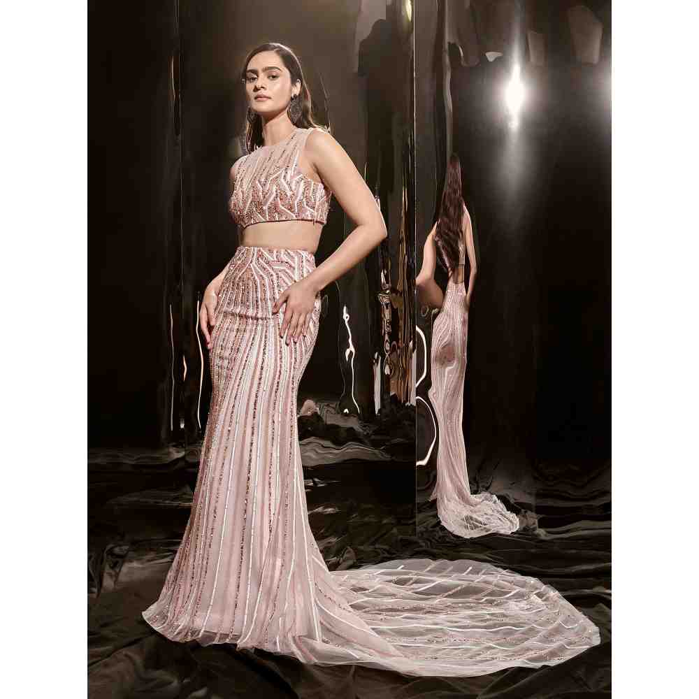 Masumi Mewawalla Pink Embroidered Skirt Blouse with Veil Dupatta (Set of 3)