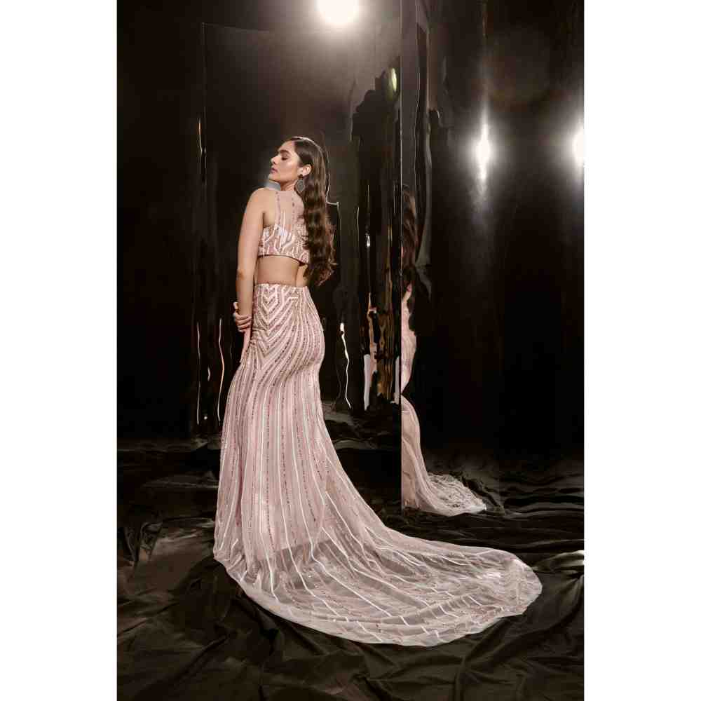 Masumi Mewawalla Pink Embroidered Skirt Blouse with Veil Dupatta (Set of 3)