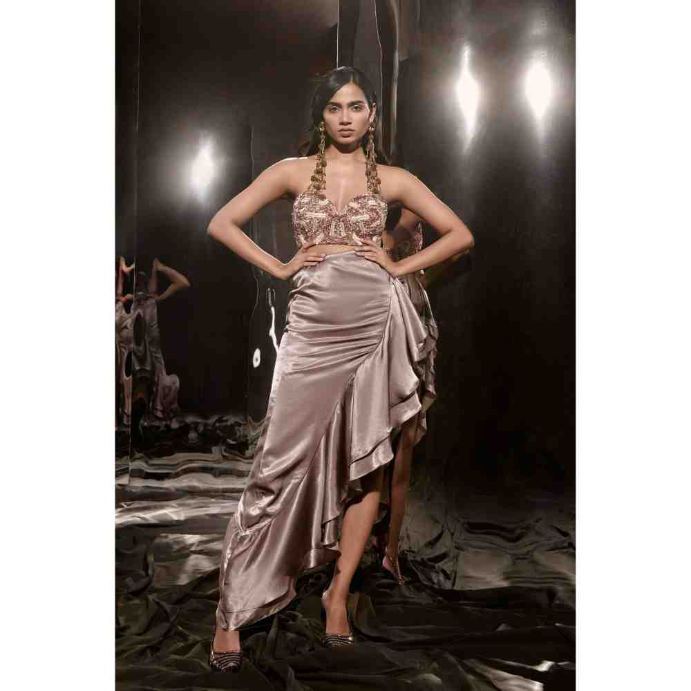 Masumi Mewawalla Brown Embroidered Ruffle Dress