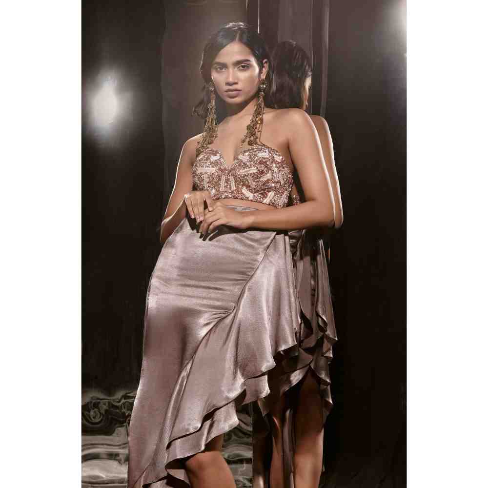 Masumi Mewawalla Brown Embroidered Ruffle Dress