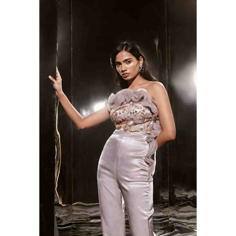 Masumi Mewawalla Lilac Embroidered Ruffle Jumpsuit