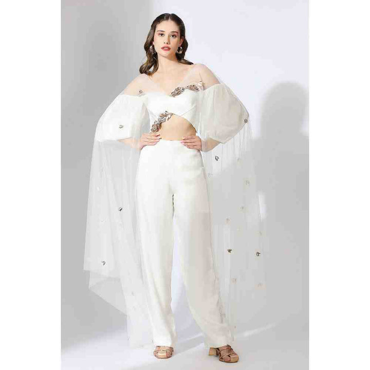Masumi Mewawalla White Embellished Off Shoulder Top & Pant with Drape (Set of 3) (XS)