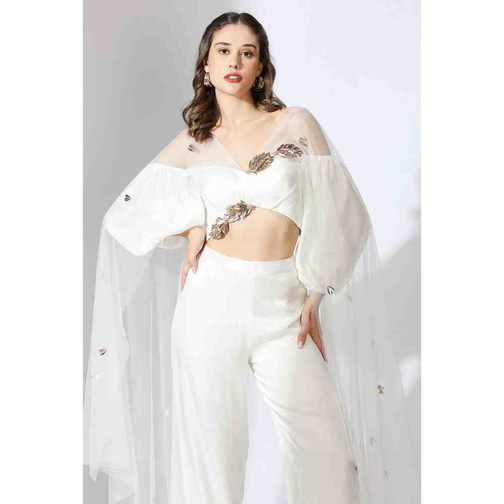 Masumi Mewawalla White Embellished Off Shoulder Top & Pant with Drape (Set of 3)
