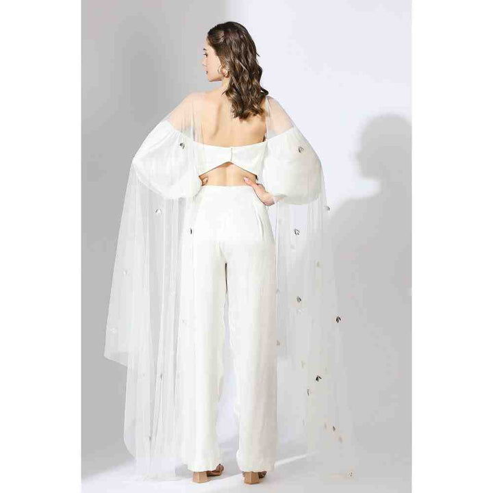 Masumi Mewawalla White Embellished Off Shoulder Top & Pant with Drape (Set of 3) (XS)