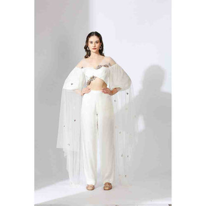 Masumi Mewawalla White Embellished Off Shoulder Top & Pant with Drape (Set of 3)