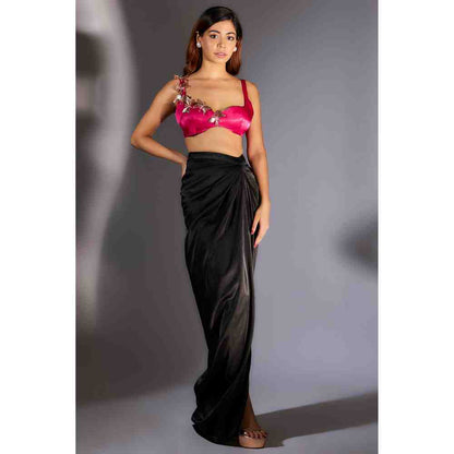 Masumi Mewawalla Pink Embellished Blouse with Black Draped Skirt (Set of 2)