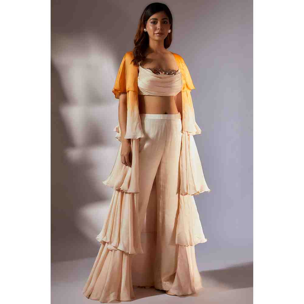 Masumi Mewawalla Mustard to Beige Ombre Ruffle Jacket with Embroidered Pant (Set of 3) (XS)