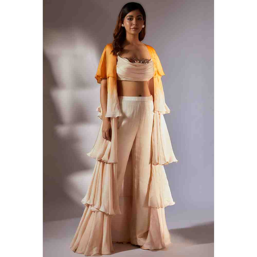Masumi Mewawalla Mustard to Beige Ombre Ruffle Jacket with Embroidered Pant (Set of 3)