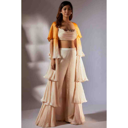 Masumi Mewawalla Mustard to Beige Ombre Ruffle Jacket with Embroidered Pant (Set of 3)