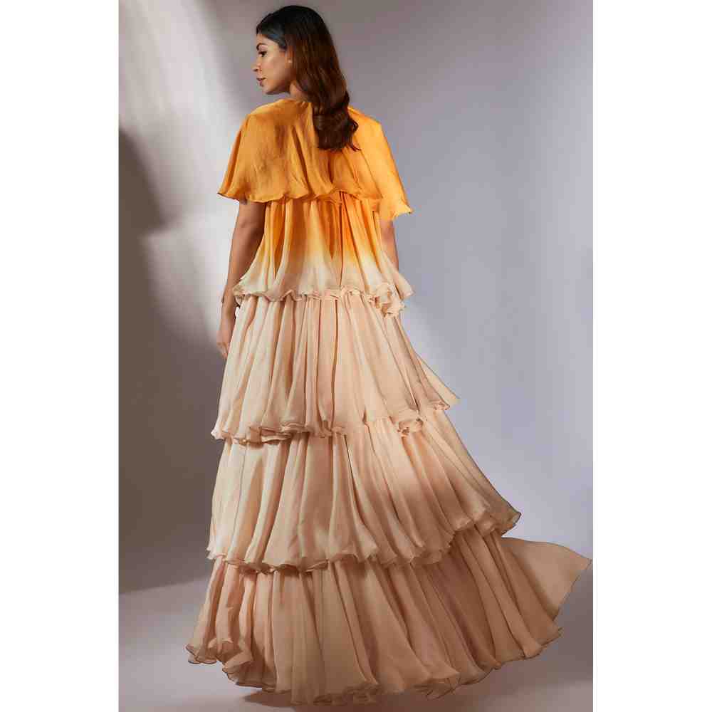 Masumi Mewawalla Mustard to Beige Ombre Ruffle Jacket with Embroidered Pant (Set of 3)