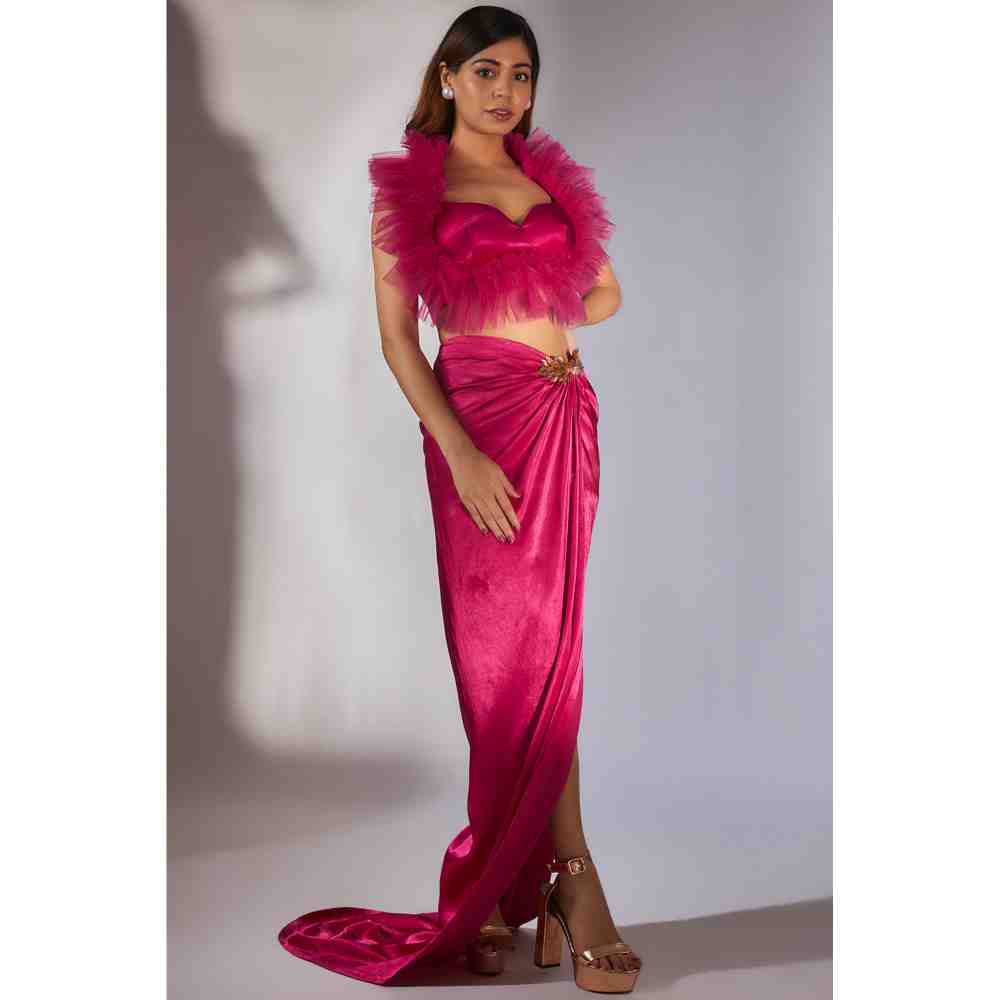 Masumi Mewawalla Hot Pink Ruffle Top with Embroidered Draped Skirt (Set of 2)