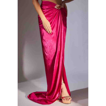 Masumi Mewawalla Hot Pink Ruffle Top with Embroidered Draped Skirt (Set of 2)