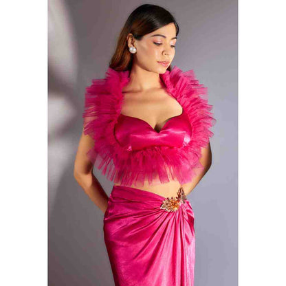 Masumi Mewawalla Hot Pink Ruffle Top with Embroidered Draped Skirt (Set of 2)