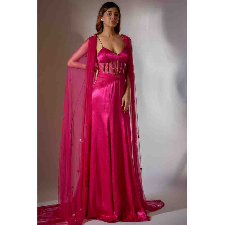Masumi Mewawalla Hot Pink Solid Corset Gown with Cape (Set of 2) (XS)