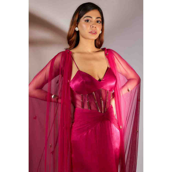 Masumi Mewawalla Hot Pink Solid Corset Gown with Cape (Set of 2) (XS)