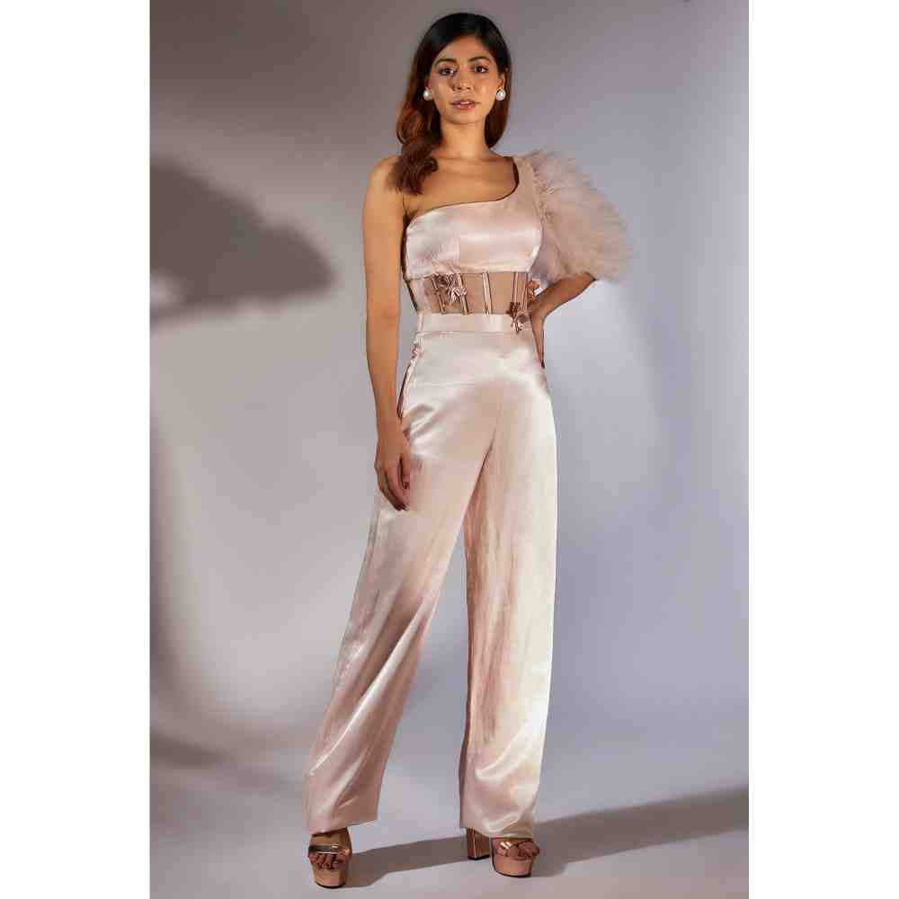 Masumi Mewawalla Baby Pink Solid One Shoulder Corset Jumpsuit