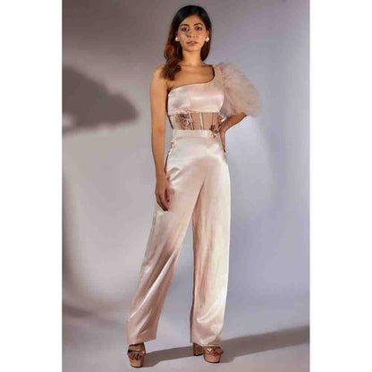 Masumi Mewawalla Baby Pink Solid One Shoulder Corset Jumpsuit