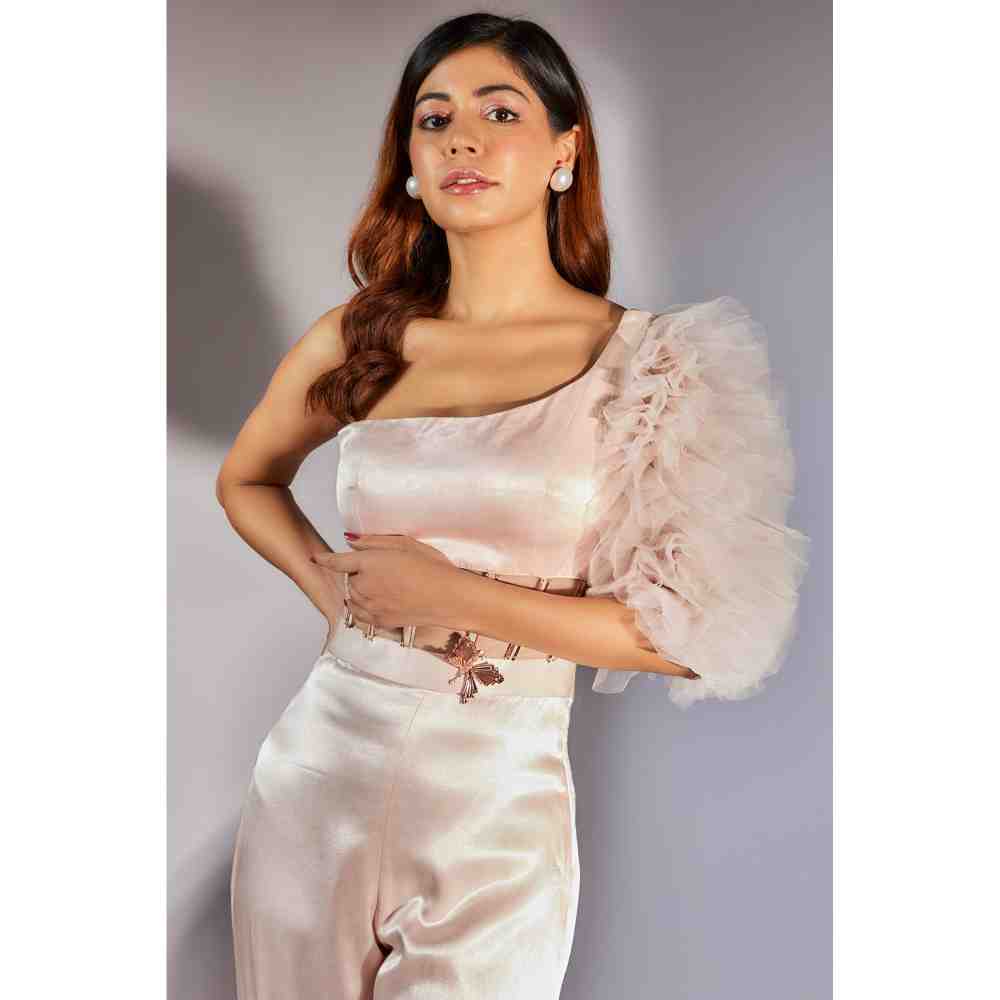 Masumi Mewawalla Baby Pink Solid One Shoulder Corset Jumpsuit