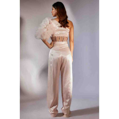 Masumi Mewawalla Baby Pink Solid One Shoulder Corset Jumpsuit