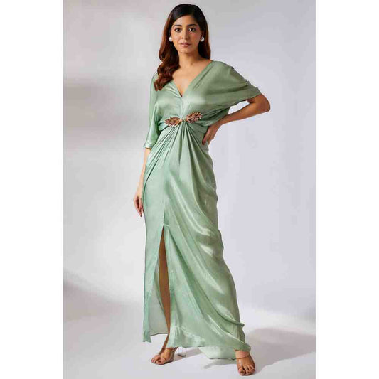 Masumi Mewawalla Sage Green Solid Draped Dress