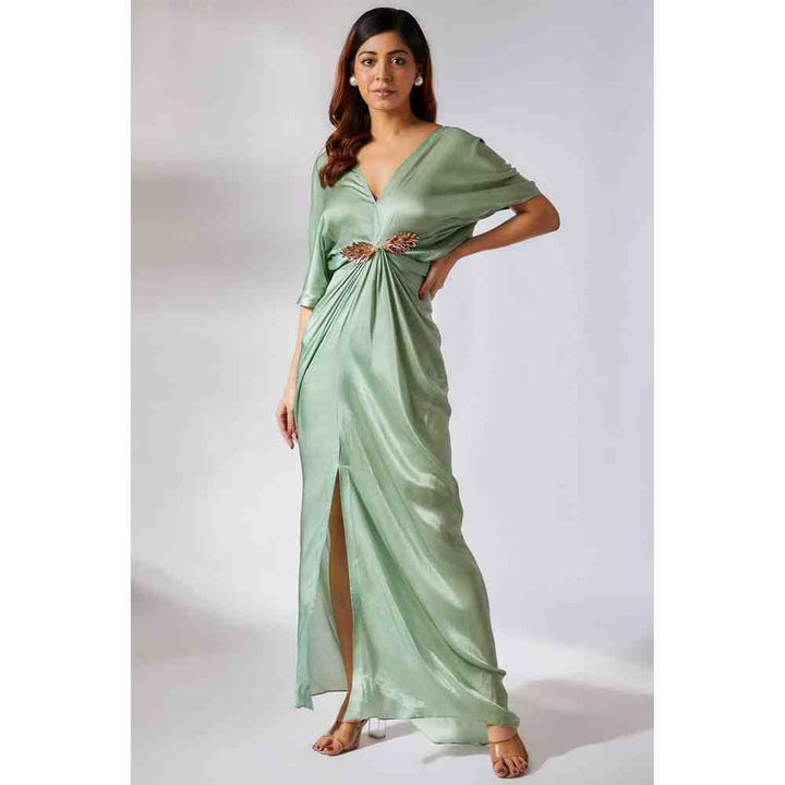 Masumi Mewawalla Sage Green Solid Draped Dress (XS)