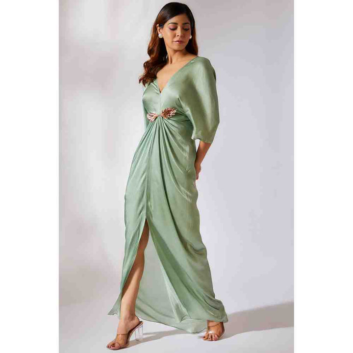 Masumi Mewawalla Sage Green Solid Draped Dress (XS)