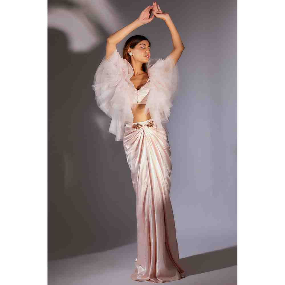 Masumi Mewawalla Baby Pink Ruffle Corset Top with Draped Skirt (Set of 2)