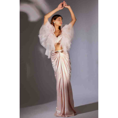 Masumi Mewawalla Baby Pink Ruffle Corset Top with Draped Skirt (Set of 2)