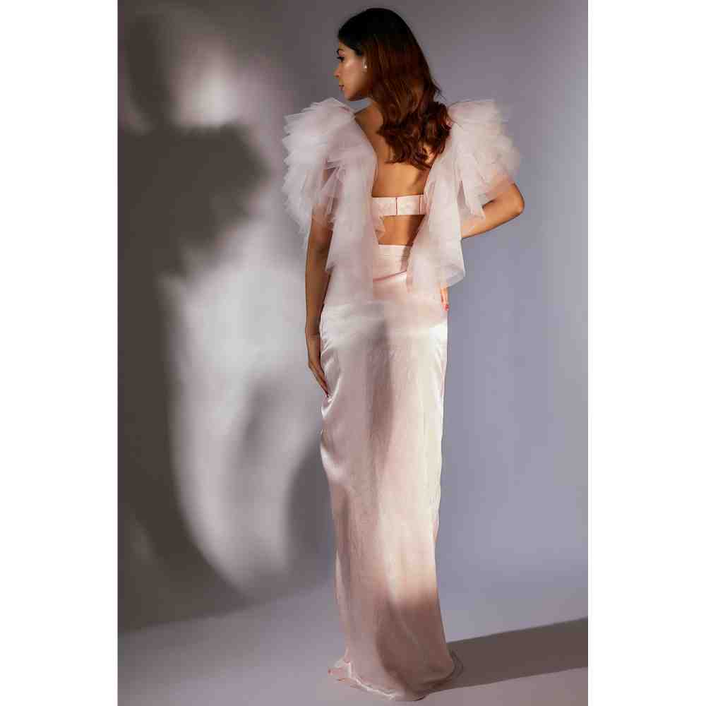 Masumi Mewawalla Baby Pink Ruffle Corset Top with Draped Skirt (Set of 2)