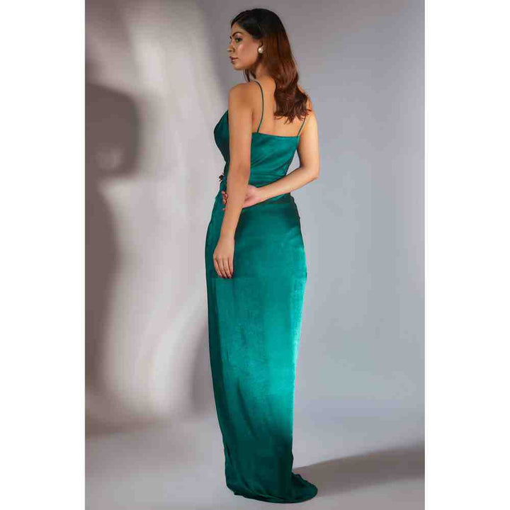 Masumi Mewawalla Teal Green Solid Draped Dress with Ombre Scarf (Set of 2) (XS)