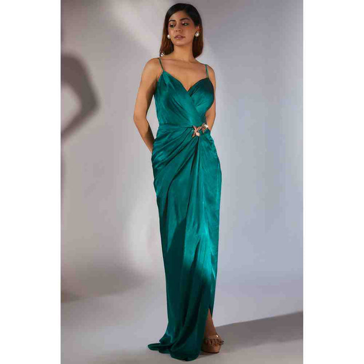 Masumi Mewawalla Teal Green Solid Draped Dress with Ombre Scarf (Set of 2) (XS)