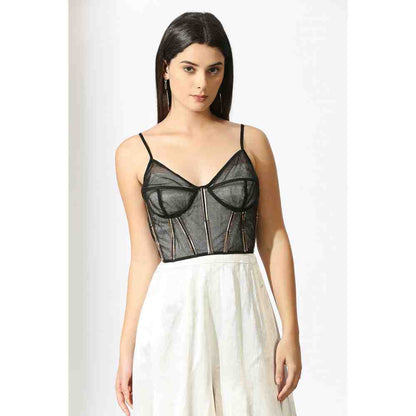 Masumi Mewawalla White Jumpsuit with Black Embellished Corset