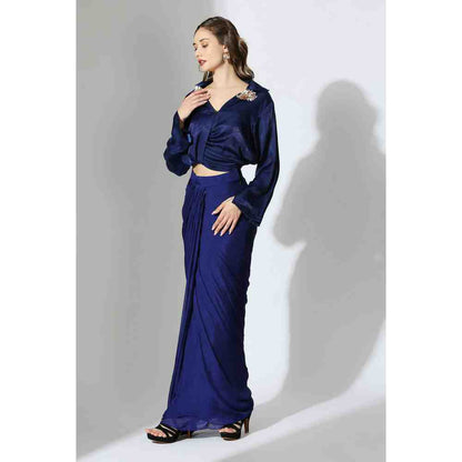 Masumi Mewawalla Royal Blue Embellished Draped Shirt with Skirt (Set of 2)