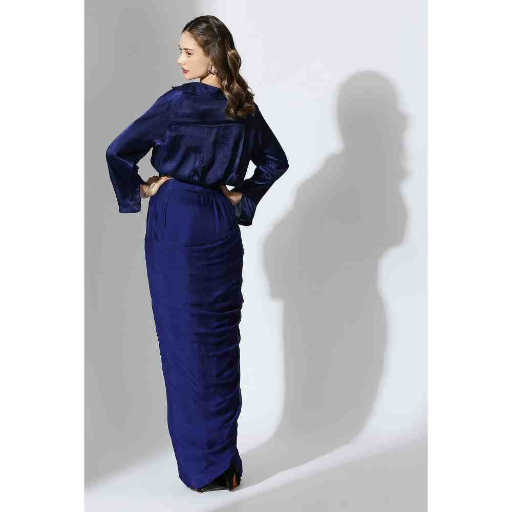 Masumi Mewawalla Royal Blue Embellished Draped Shirt with Skirt (Set of 2) (XS)