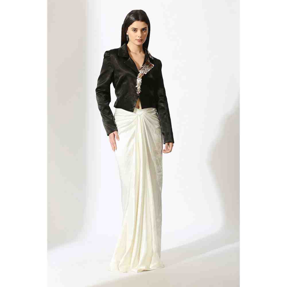 Masumi Mewawalla Black Embellished Blazer with White Draped Skirt (Set of 2) (XS)
