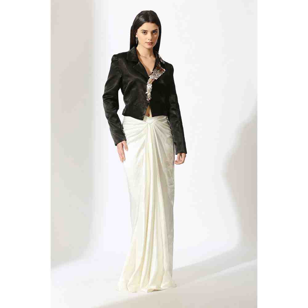 Masumi Mewawalla Black Embellished Blazer with White Draped Skirt (Set of 2)