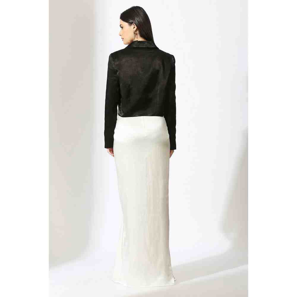 Masumi Mewawalla Black Embellished Blazer with White Draped Skirt (Set of 2)