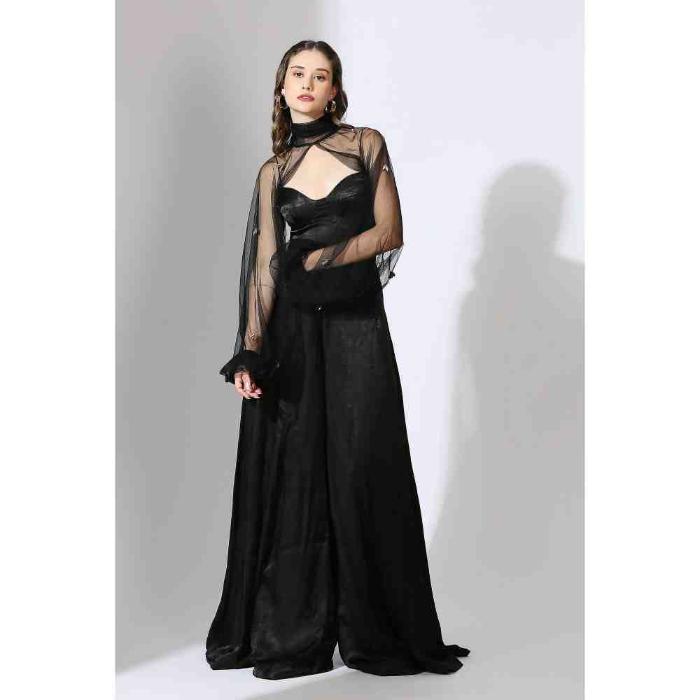 Masumi Mewawalla Black Jumpsuit with Embellished Net Poofy Sleeves (Set of 2) (XS)