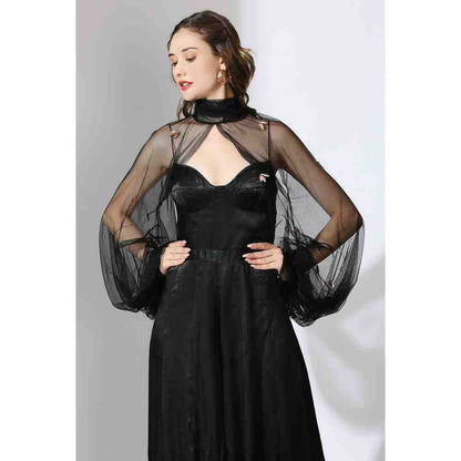 Masumi Mewawalla Black Jumpsuit with Embellished Net Poofy Sleeves (Set of 2)