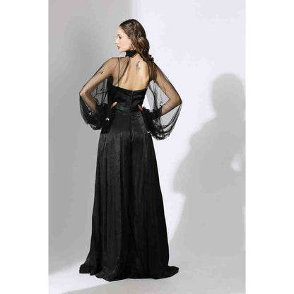 Masumi Mewawalla Black Jumpsuit with Embellished Net Poofy Sleeves (Set of 2)