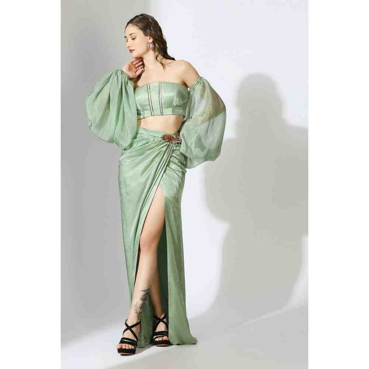 Masumi Mewawalla Sage Green Off Shoulder Corset Top with Draped Skirt (Set of 2) (XS)