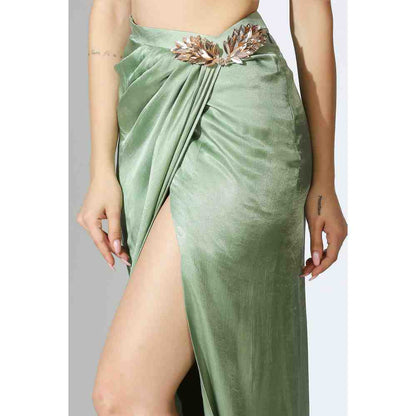 Masumi Mewawalla Sage Green Off Shoulder Corset Top with Draped Skirt (Set of 2)